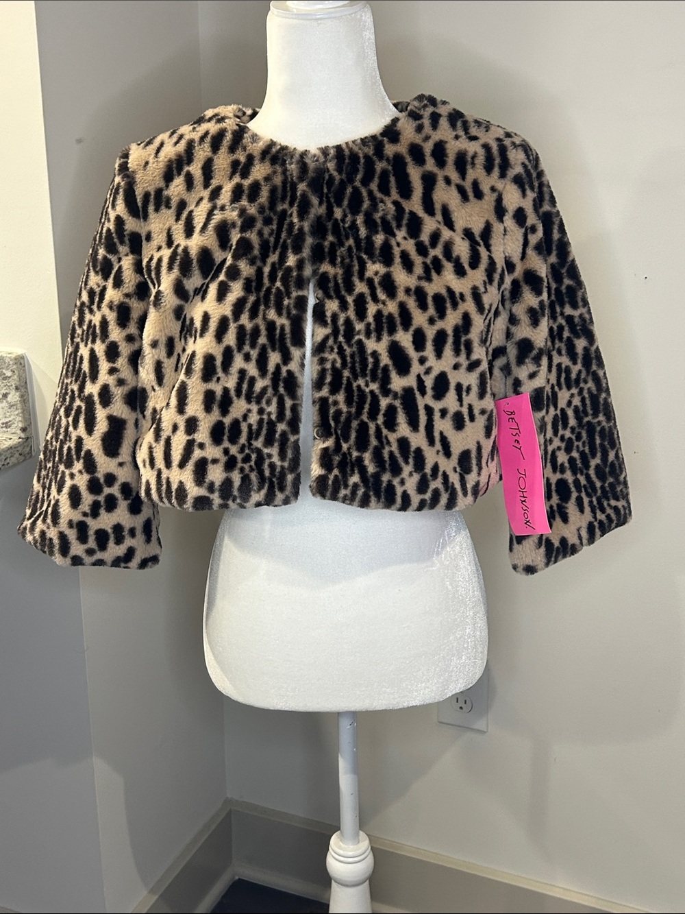 Betsey Johnson Leopard Print Faux Fur Bolero Jacket Brown/Cream Sz Med NWT